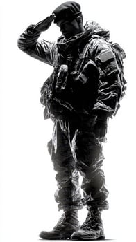 Soldier saluting during a solemn ceremony at sunset with dramatic silhouette effects and military attire photo