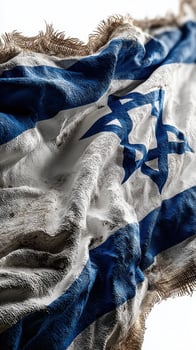 Tattered Israeli flag waving in the wind revealing rich details and contrasting colors of blue and white fabric photo