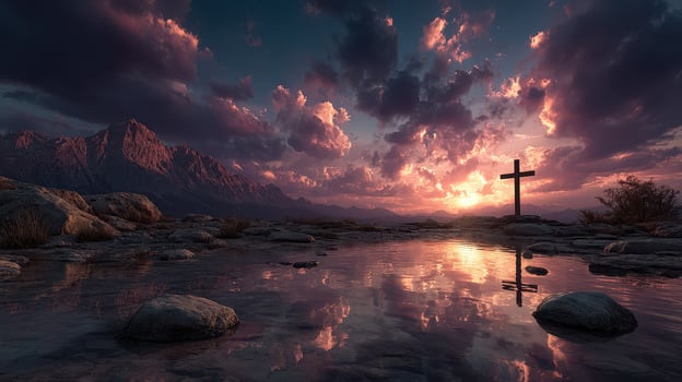 Sunset reflections over the mountain landscape with a cross by the water photo