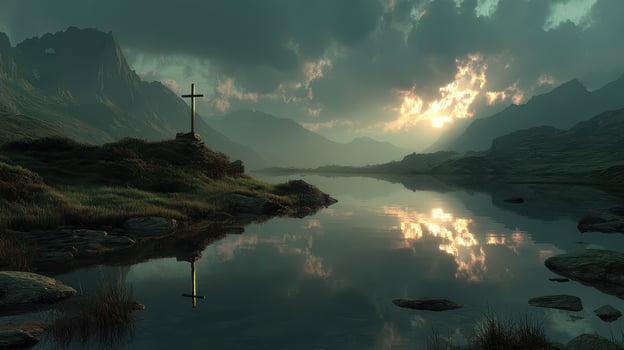 Sunset reflections over a tranquil lake with a cross on a hill surrounded by mountains photo
