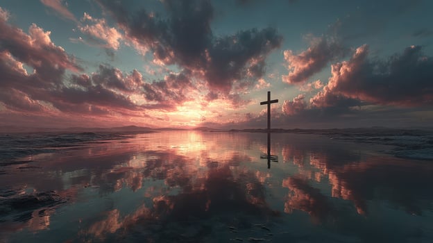 Vibrant sunset over tranquil water with a cross silhouette reflecting on the surface photo