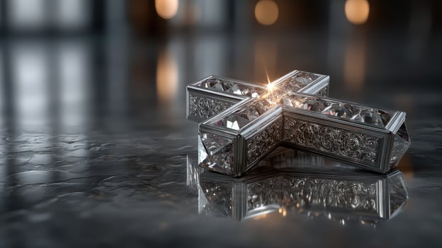 Unique crystal cross on a polished surface reflecting light in a tranquil setting photo