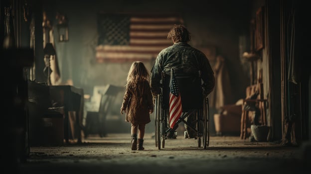 Soldier in wheelchair with girl walking through abandoned space in a nostalgic setting at dusk photo