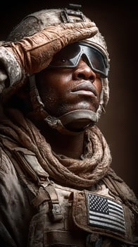 Soldier in military uniform salutes with determination and pride in a dusty environment during a challenging deployment photo