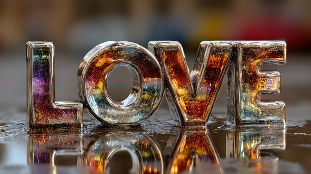 Glass letters spell love with reflections in a vibrant urban setting during twilight photo