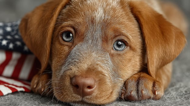 Cute puppy with blue eyes resting on a cozy blanket featuring an American flag in a warm indoor setting photo