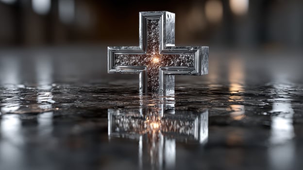 Reflective metal cross on wet surface in artistic composition with background lighting photo