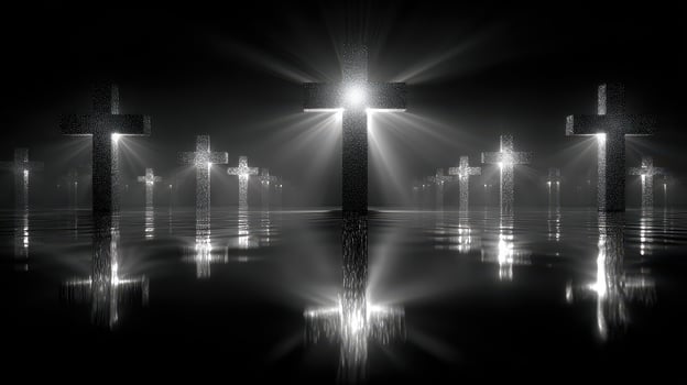 Religious symbolism with glowing crosses reflected in water at night creating a serene atmosphere photo