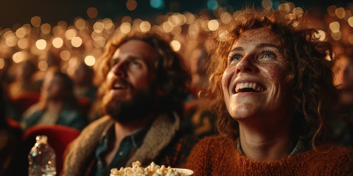 Audience experiences joy during a captivating movie screening with popcorn in hand in a packed theater photo