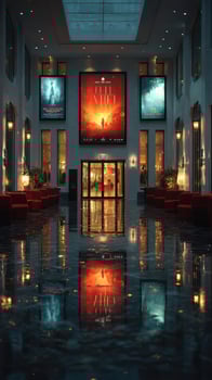 Elegant cinema hallway with vibrant movie posters reflecting on polished floor in evening light photo