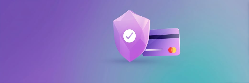 A purple and blue background with a credit card photo