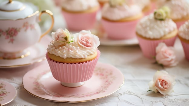 tea cupcakes with pink frosting photo