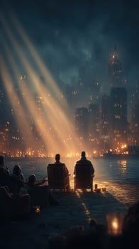 Evening cityscape with two people relaxing by the waterfront under a glowing skyline photo