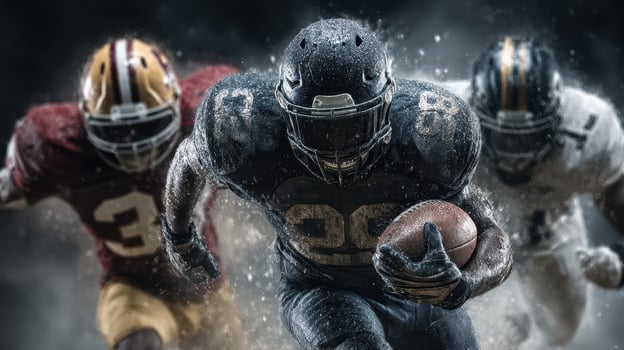 Intense football players during a competitive match showcasing speed and athleticism on a dramatic field photo