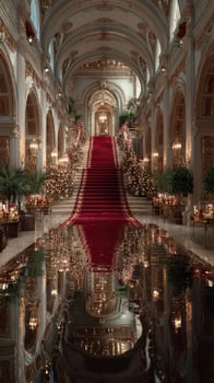 Grand staircase adorned with festive decorations in an opulent hall during the holiday season photo