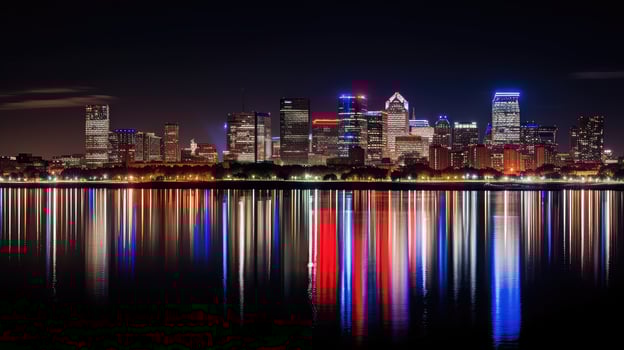 skyscrapers red white and blue lights photo