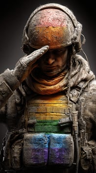 Soldier salutes with pride while honoring diversity in a dusty battleground setting photo