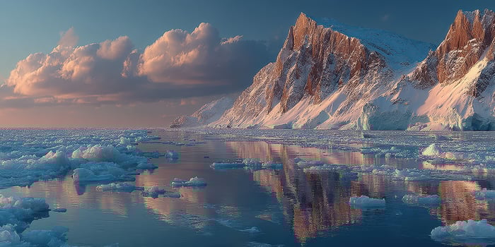 Stunning sunset over icy mountain range reflected in calm Arctic waters captured in twilight hours photo