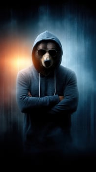 Cool bear with sunglasses wearing a hoodie stands confidently in a dramatic urban setting during nighttime photo