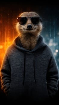 Meerkat wearing sunglasses and hoodie in a futuristic backdrop with vibrant colors photo