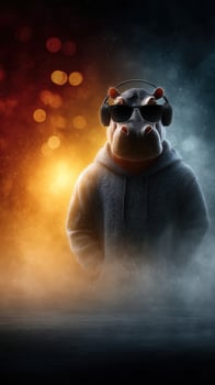 Hippo wearing headphones in urban setting with colorful lights and fog during nighttime photo