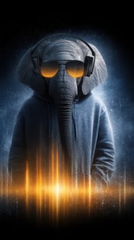 Elephant wearing sunglasses and headphones in a futuristic music setting against a dark background photo