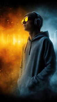 Young male wearing headphones and sunglasses poses against a vibrant background with sound waves on a cool night photo