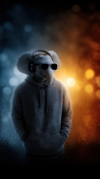 Unique elephant figure in hoodie and headphones stands against colorful background at night photo