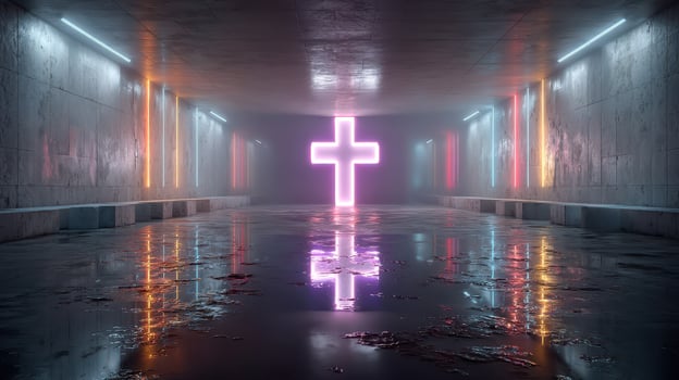 Modern neon lit corridor with glowing cross at a religious installation in an urban setting during nighttime photo