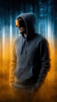 Individual wearing futuristic goggles standing in a misty forest during dusk with a mix of blue and orange lighting photo