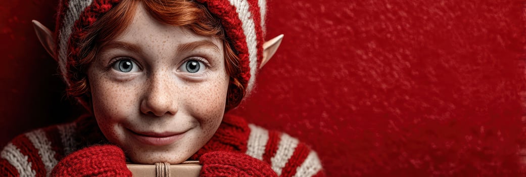 Child with red hair and freckles wearing festive outfit stands against a bright red background holding a small gift in joyful demeanor photo