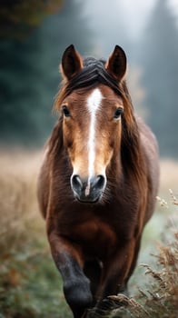 Brown horse running through a misty field surrounded by tall grass and soft light during early morning hours in a forested area photo
