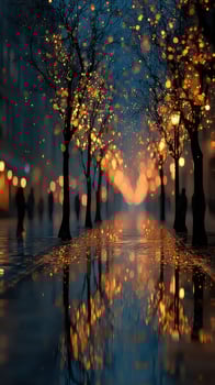 Evening stroll with glowing lights on a rainy street showcasing reflections and serene atmosphere photo
