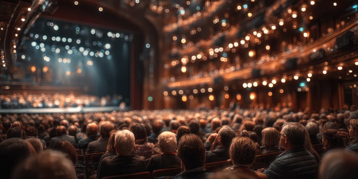Audience watching a live orchestra performance in a grand concert hall during an evening event photo