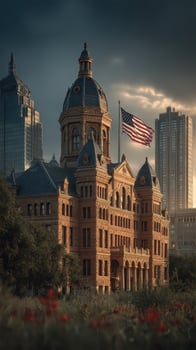 Historic courthouse with American flag at sunset in urban skyline photo