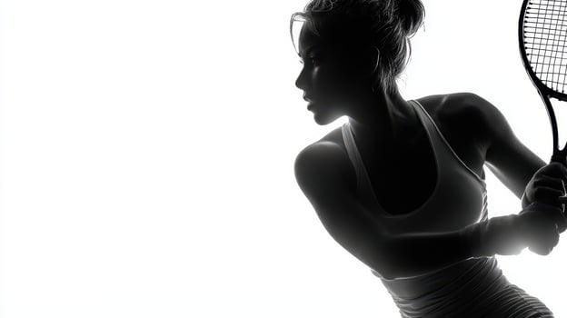 Silhouette of a female tennis player focusing on a backhand stroke in an intense match photo