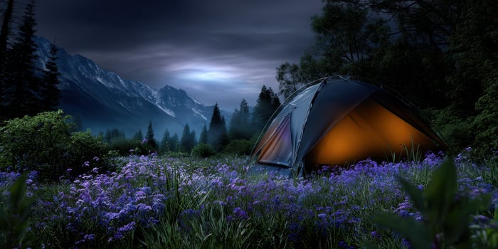 Camping beneath a moonlit sky in a flower-filled meadow surrounded by mountains photo