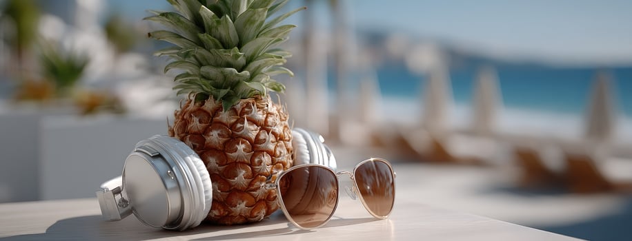 A pineapple and sunglasses on a table near the beach photo