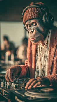 Unique DJ performance by a monkey in a vibrant nightclub setting during an evening event photo