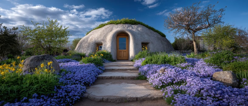 Springtime domeshaped earth house surrounded by colorful flowers nature scene tranquil environment photo