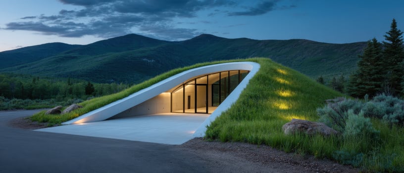 Futuristic home embedded in grassy hillside mountain landscape architecture evening sustainable design photo