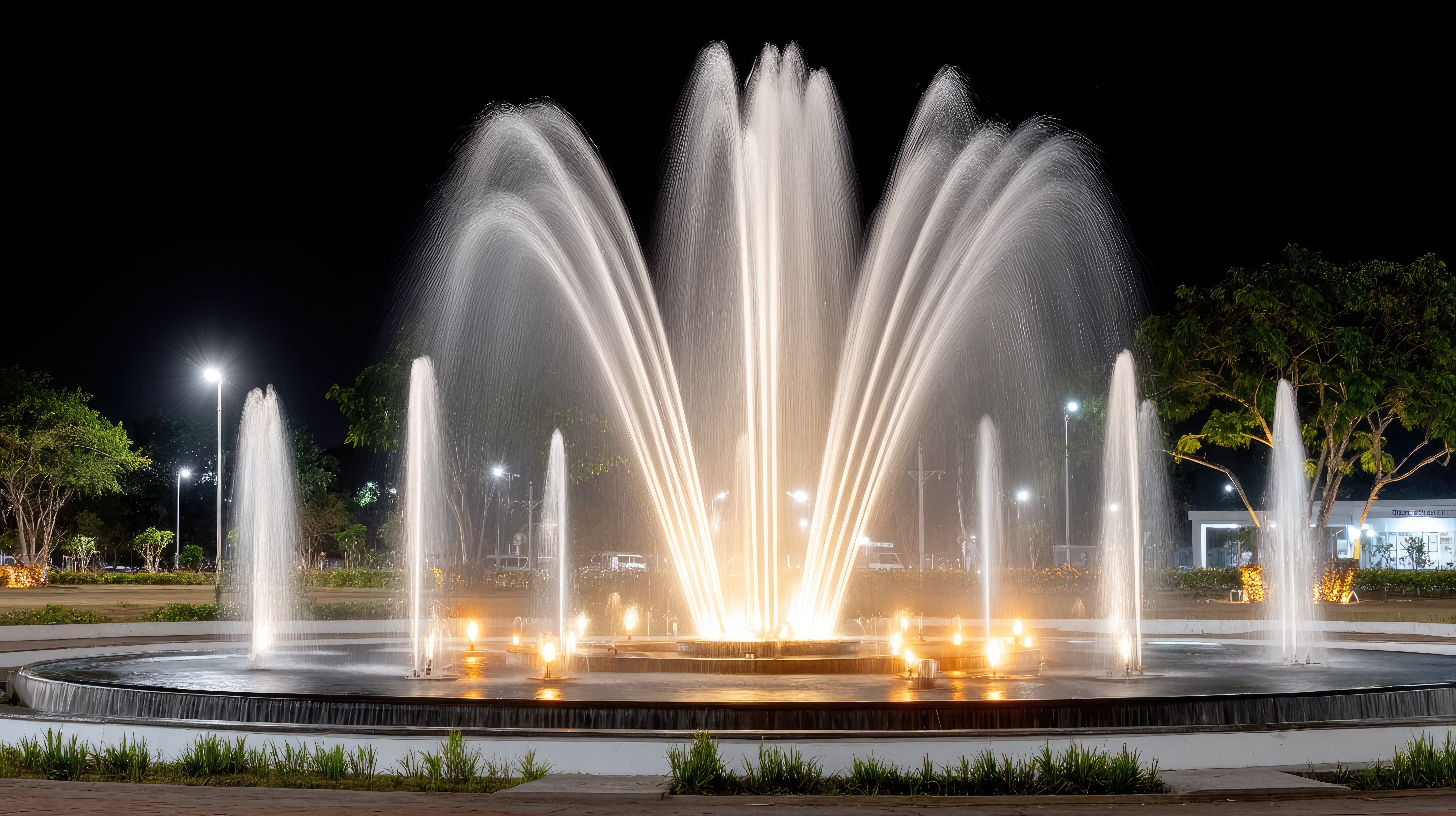 A fountain with water jets and lights at night photo