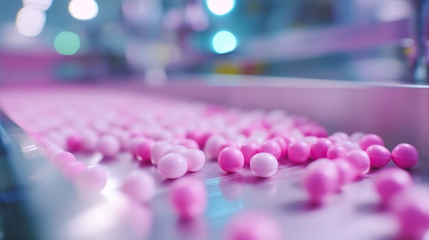 Colorful pink balls move along a conveyor belt in a production facility during daylight hours photo