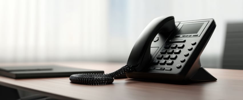 The modern black telephone on an office desk with a minimalistic design. photo