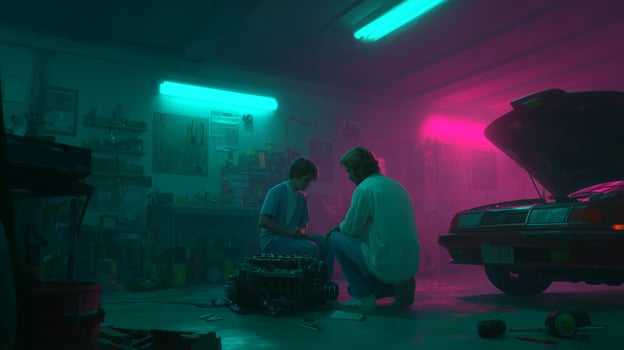 Mechanics work together on car engine in garage at night with colorful neon lights enhancing the atmosphere photo