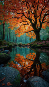 Autumn leaves create vibrant reflections in tranquil forest stream at sunrise in a peaceful setting photo