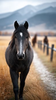 Black horse walking along a trail in a golden field with mountains in the background during overcast weather photo