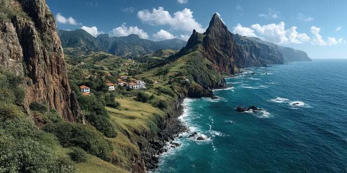 Majestic coastal landscape with rocky cliffs and green hills near village at midday photo