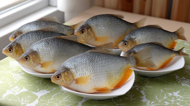A group of fish in bowls on a table photo