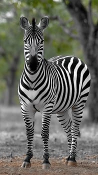 A black and white photo of a zebra standing in the woods
